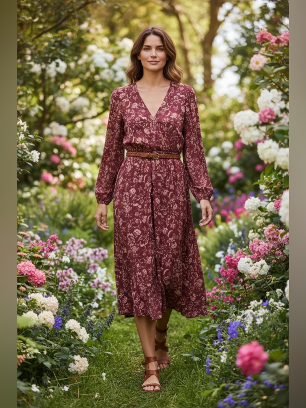 Knox Rose Burgundy Floral V-Neck Long Sleeve Midi Dress